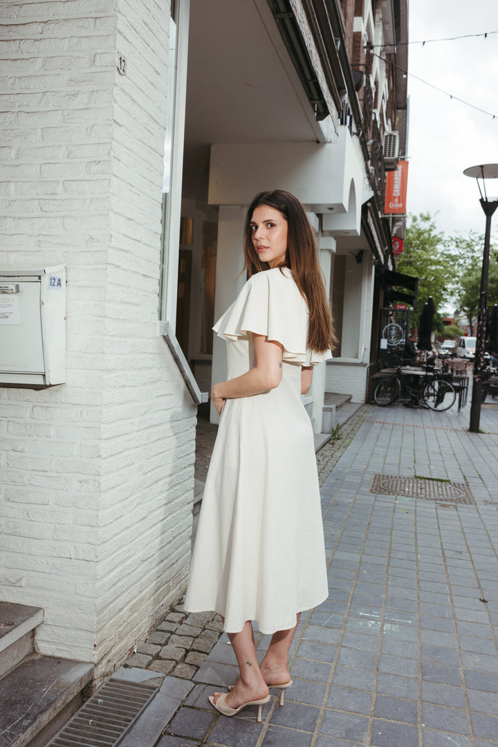 Ruffle Sleeve Linen Midi Dress – Ivory