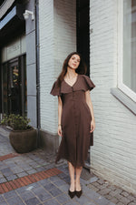 Load image into Gallery viewer, Ruffle Sleeve Linen Midi Dress – Brown