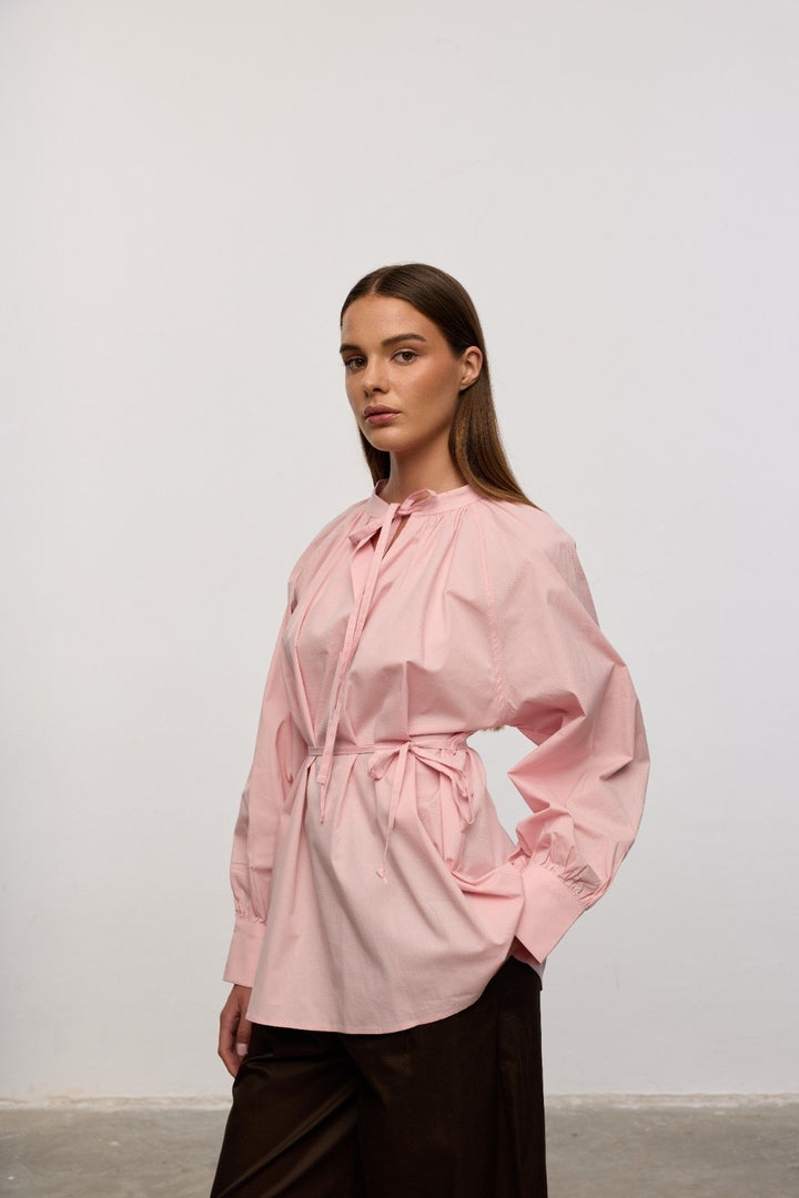 Tie Neck Cotton Blouse – Pink