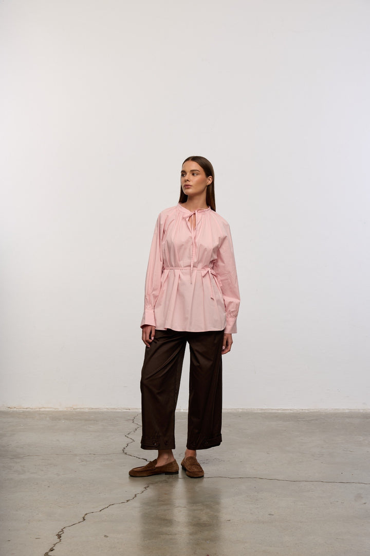 Tie Neck Cotton Blouse – Pink