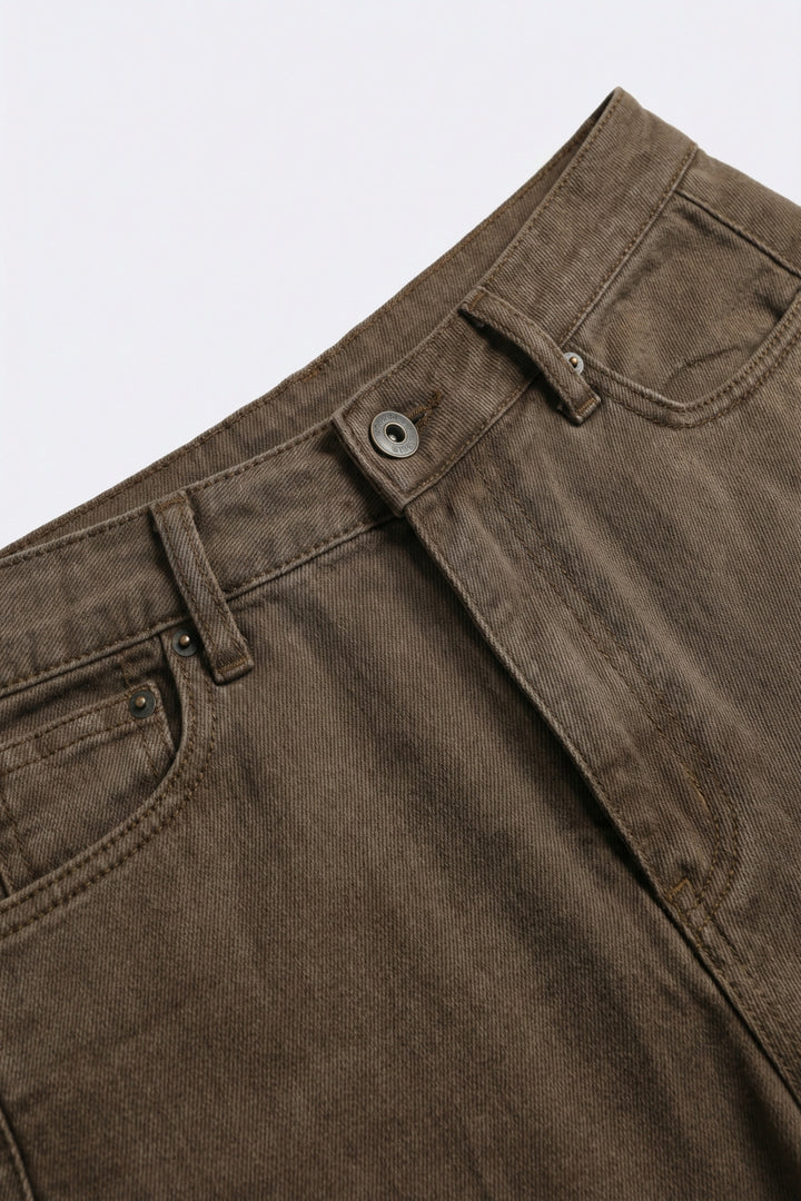 Brown Wide-Leg Casual Cotton Denim Pants