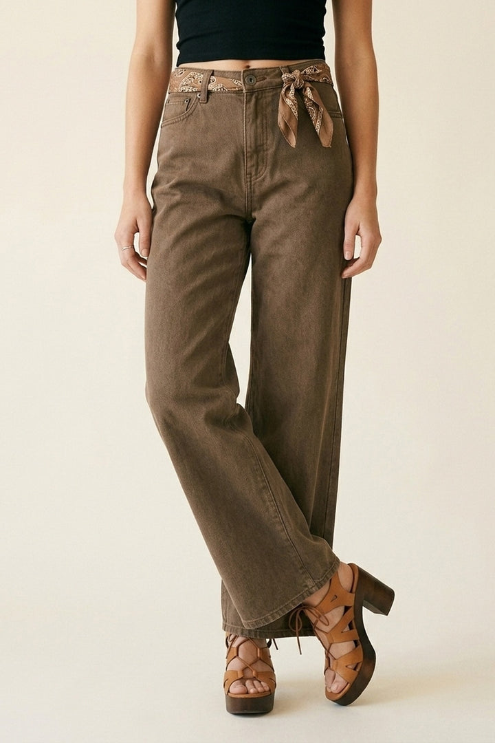 Brown Wide-Leg Casual Cotton Denim Pants