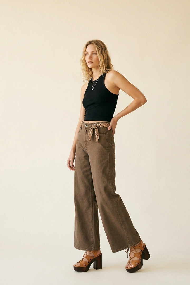Brown Wide-Leg Casual Cotton Denim Pants