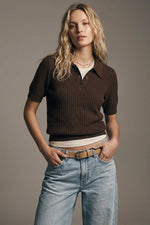Load image into Gallery viewer, Textured Knit Polo Sweater with Short Sleeves in Brown