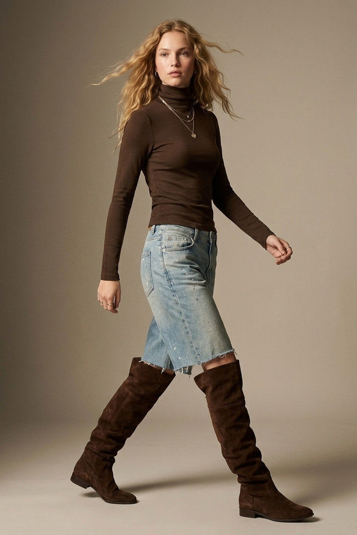 Brown Turtleneck t-shirt in soft stretch fabric