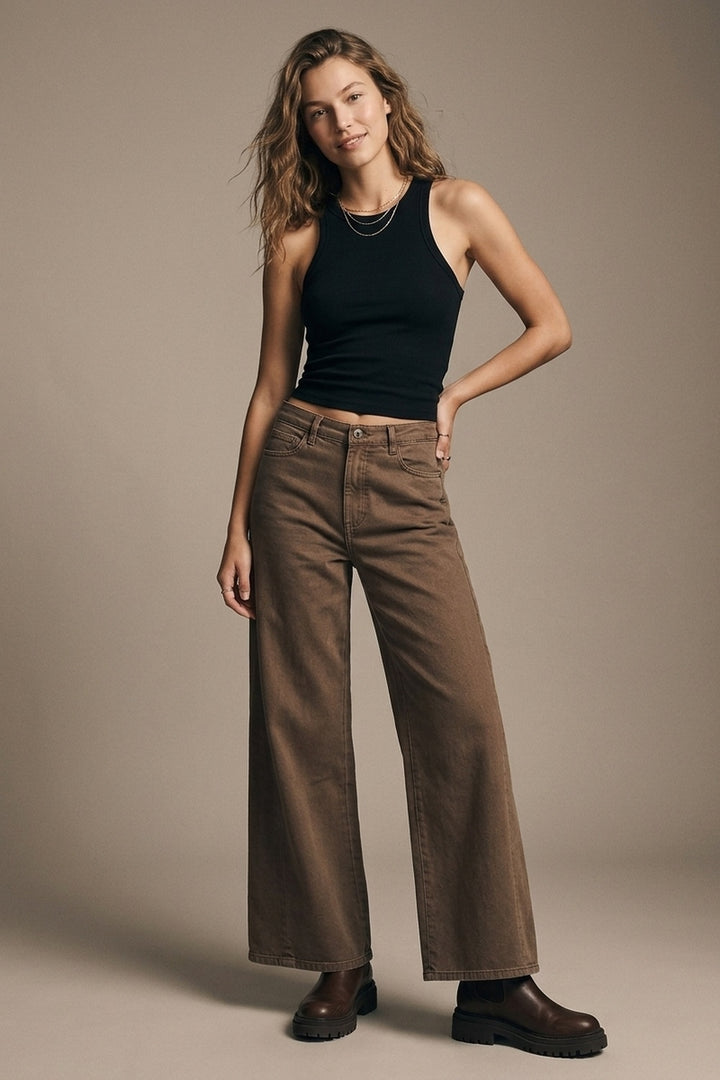 Brown Wide-Leg Casual Cotton Denim Pants