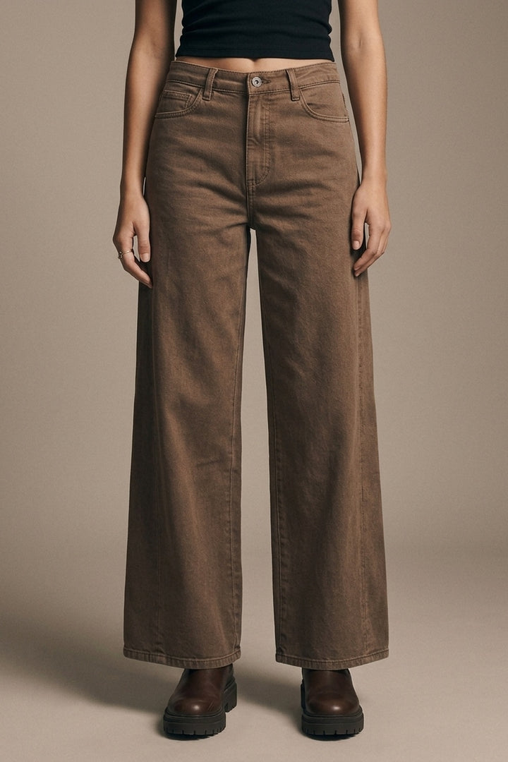 Brown Wide-Leg Casual Cotton Denim Pants