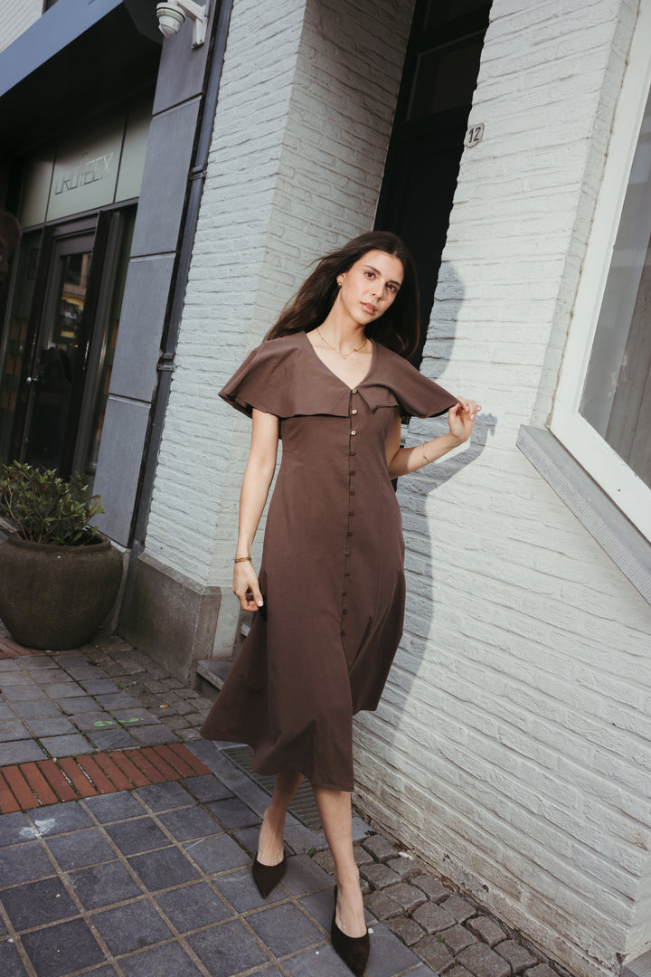 Ruffle Sleeve Linen Midi Dress – Brown