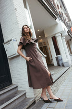 Load image into Gallery viewer, Ruffle Sleeve Linen Midi Dress – Brown