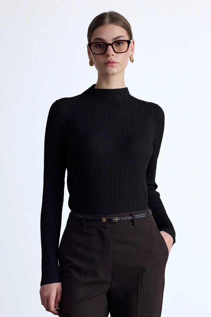 High Neck Knit Blouse- Black