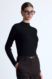 High Neck Knit Blouse- Black