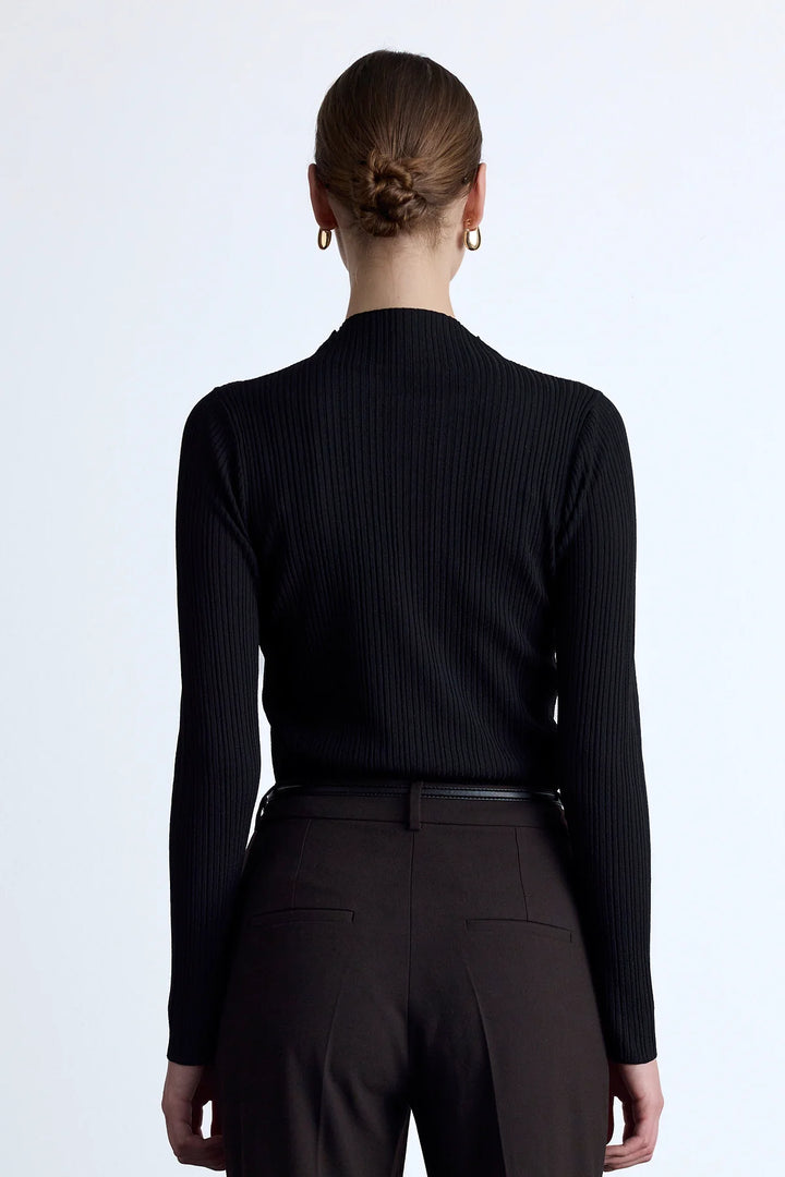 High Neck Knit Blouse- Black