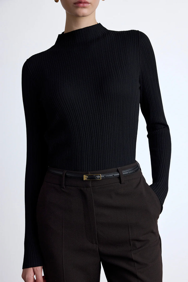 High Neck Knit Blouse- Black