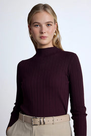 High Neck Knit Blouse- Burgundy