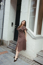 Load image into Gallery viewer, Ruffle Sleeve Linen Midi Dress – Brown