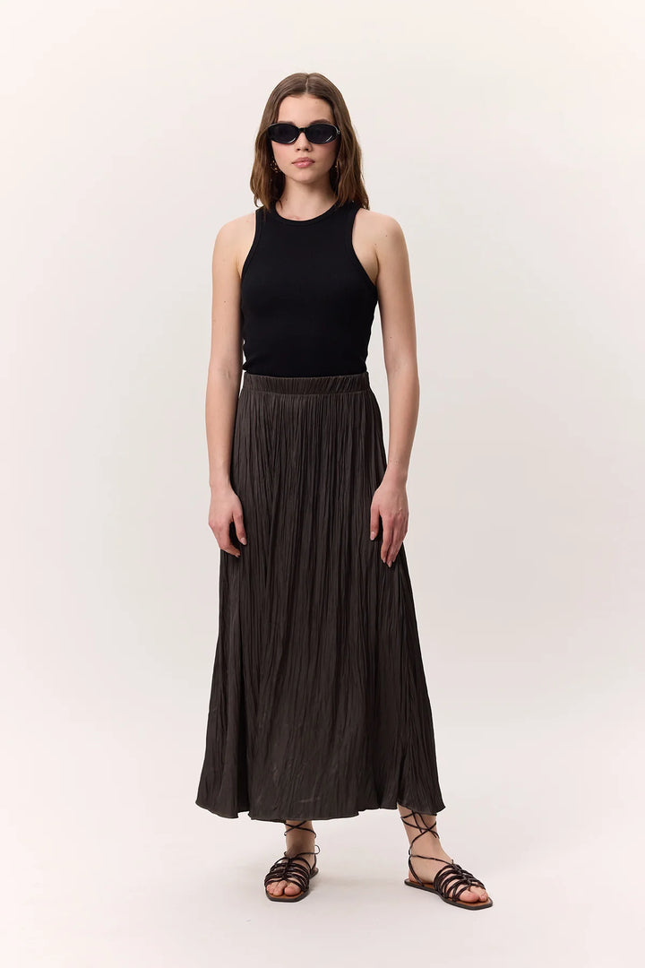 Crush Satin Skirt- Brown