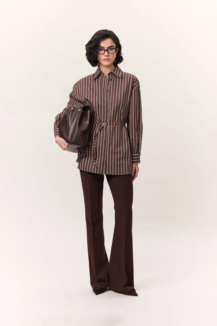 Striped Belted Shirt- Brown
