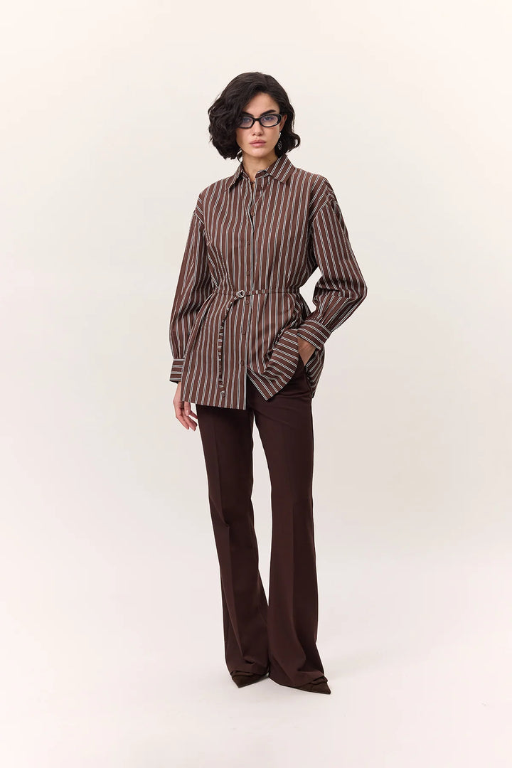 Striped Belted Shirt- Brown