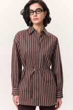 Load image into Gallery viewer, Striped Belted Shirt- Brown