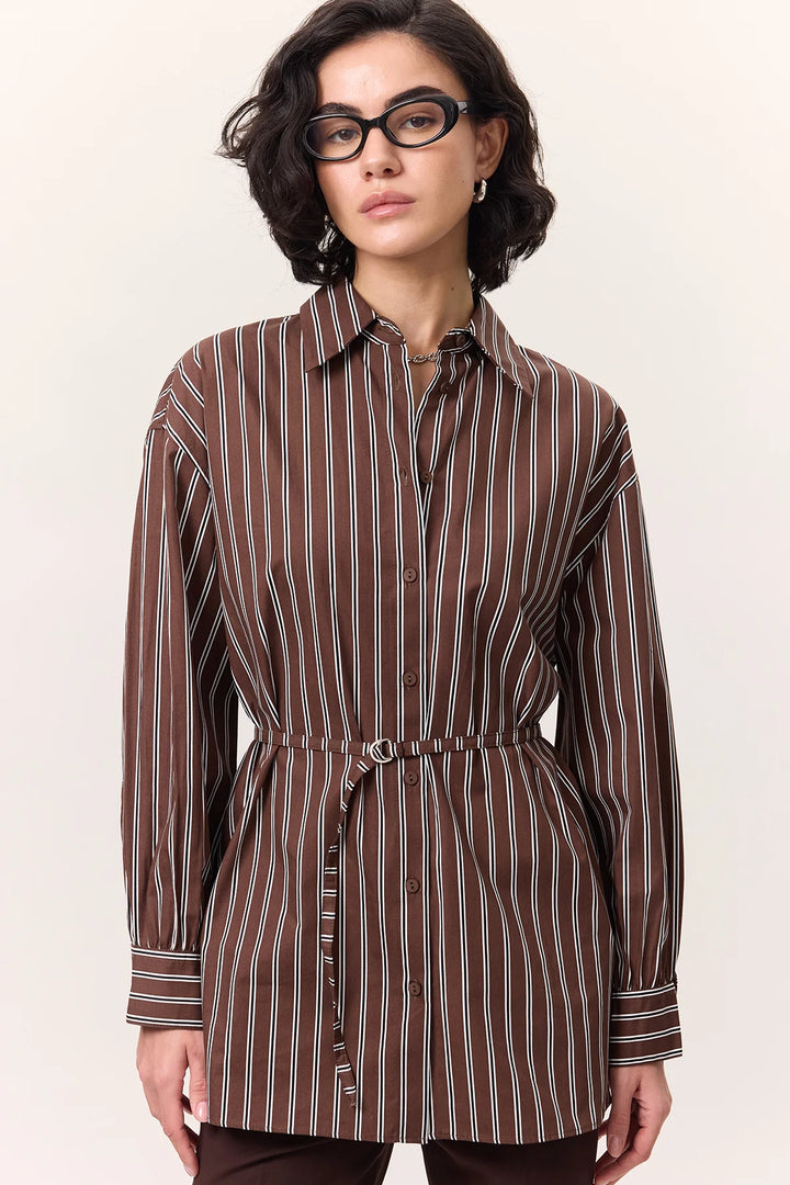Striped Belted Shirt- Brown