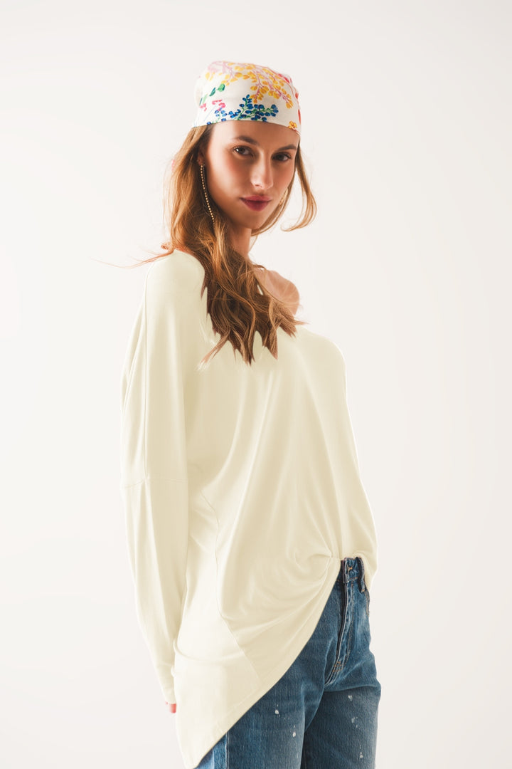 Boat neck Long sleeve t shirt in modal white