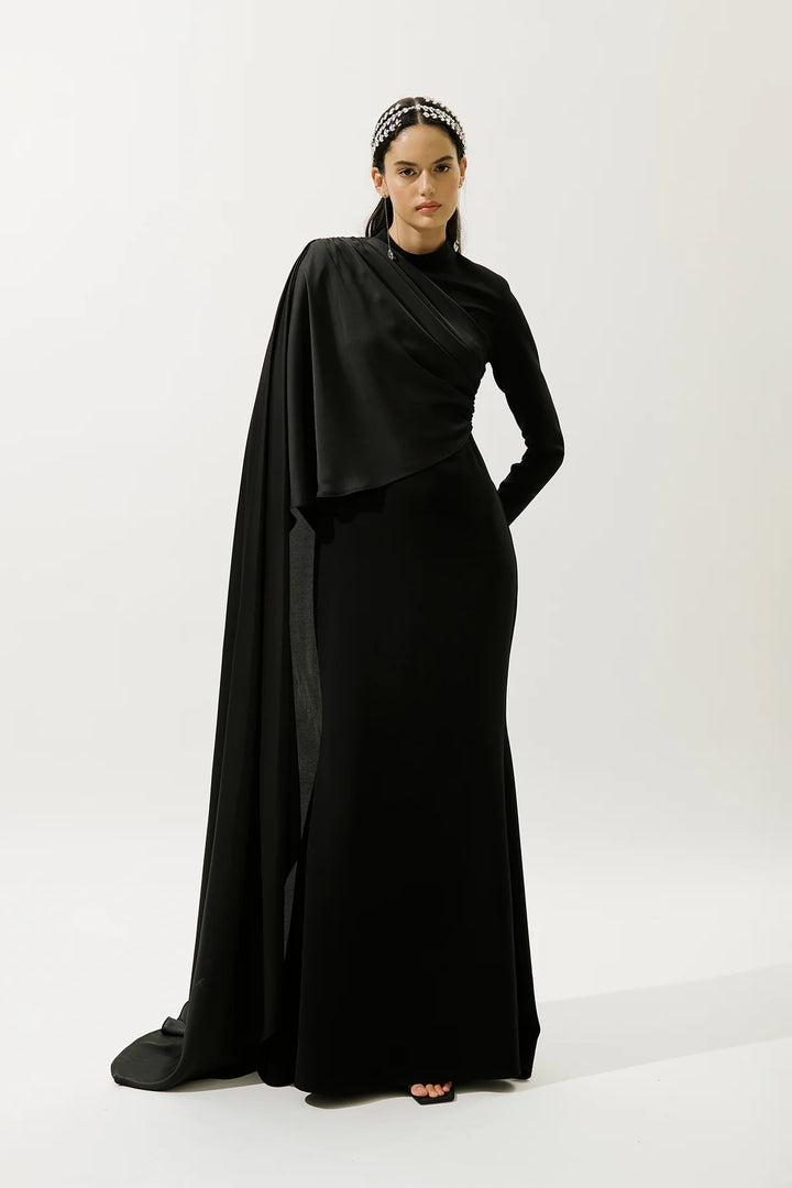 Lana Cape Evening Dress- Black