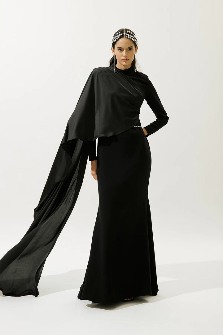 Lana Cape Evening Dress- Black