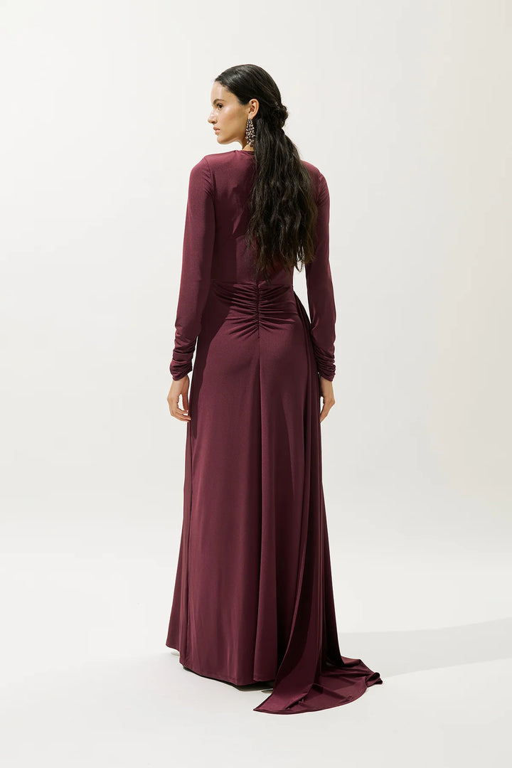 Tie-Detail Evening Dress- Burgundy