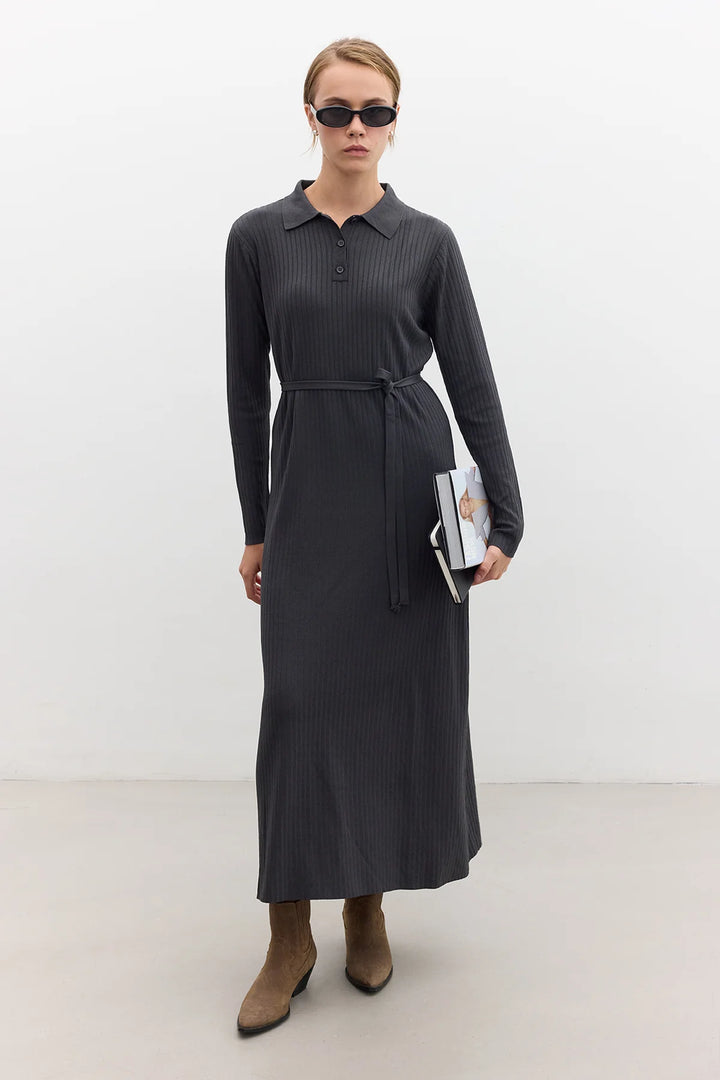 Collared Knit Dress- Anthracite