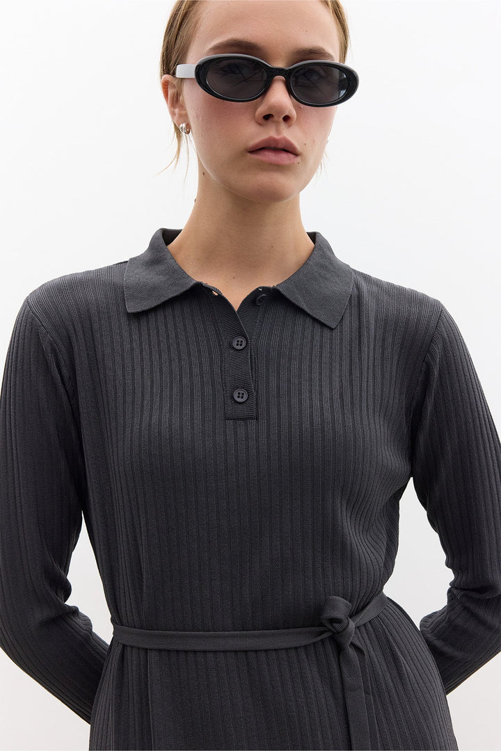 Collared Knit Dress- Anthracite
