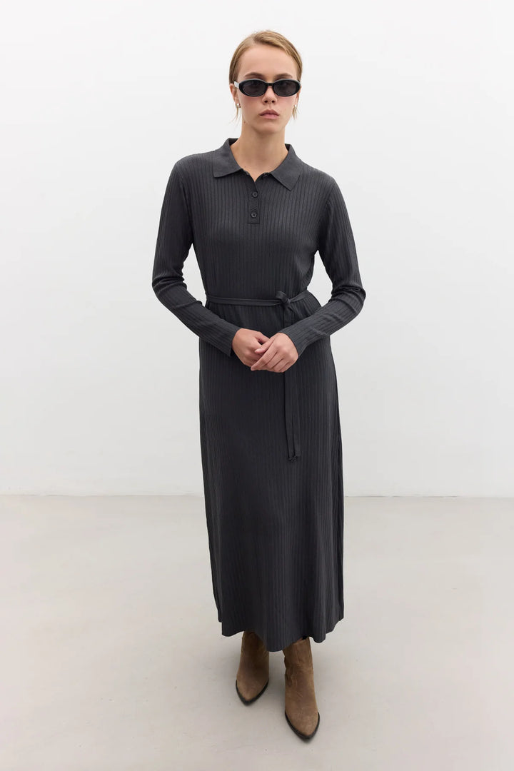 Collared Knit Dress- Anthracite