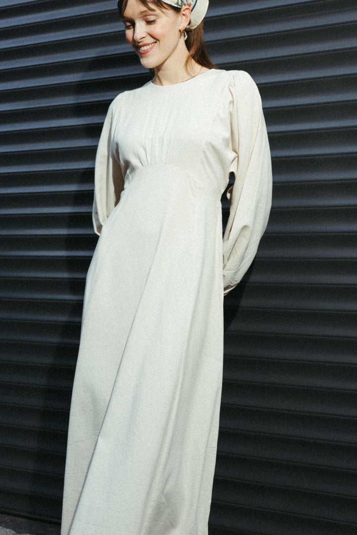 Linen Blend Maxi Dress with Balloon Sleeves