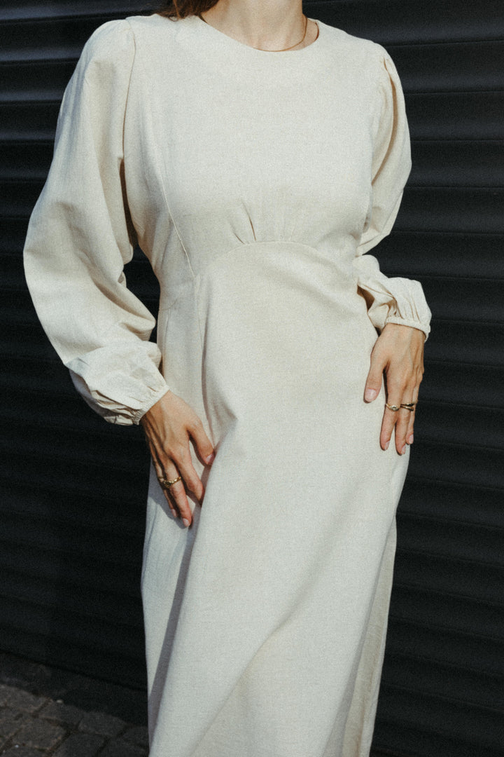 Linen Blend Maxi Dress with Balloon Sleeves