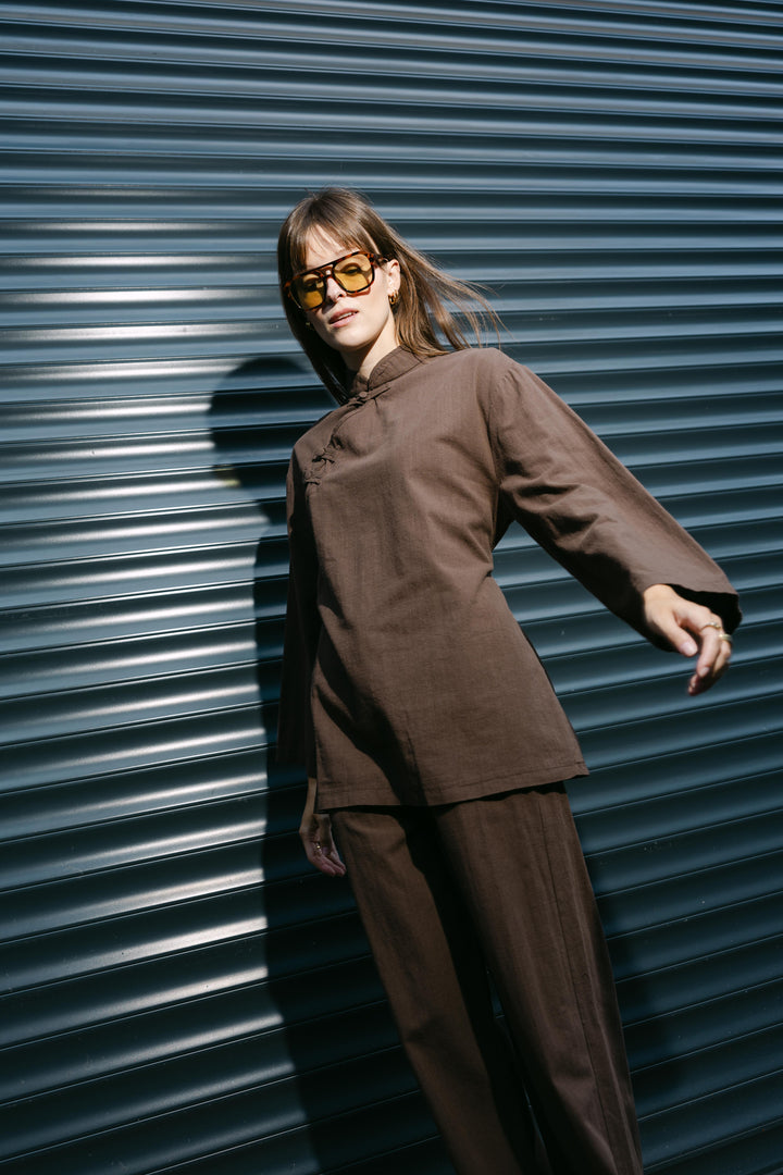 Cotton Linen-Look Two-Piece Set – Brown