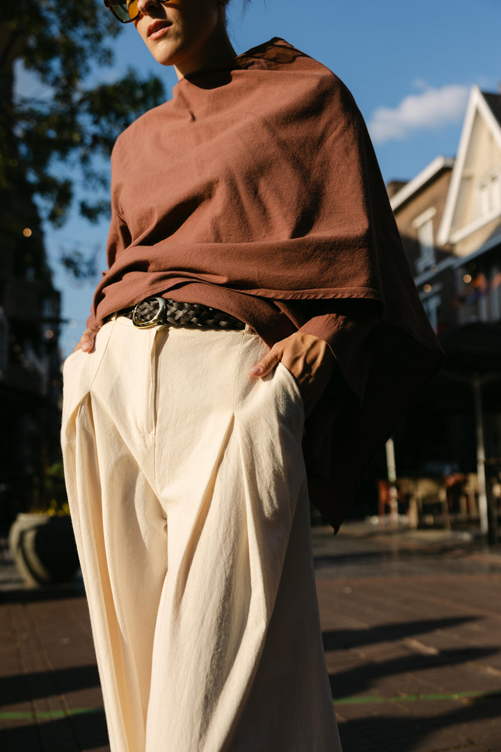 Pleated Wide Leg Linen-Look Trousers – Ecru