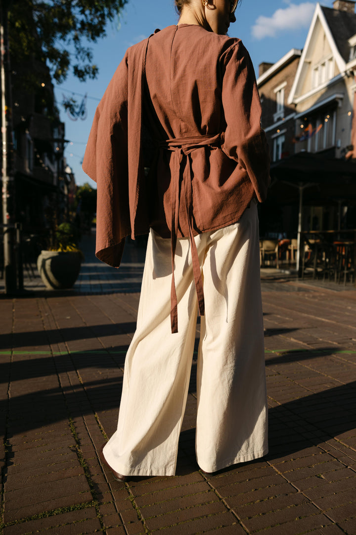 Pleated Wide Leg Linen-Look Trousers – Ecru
