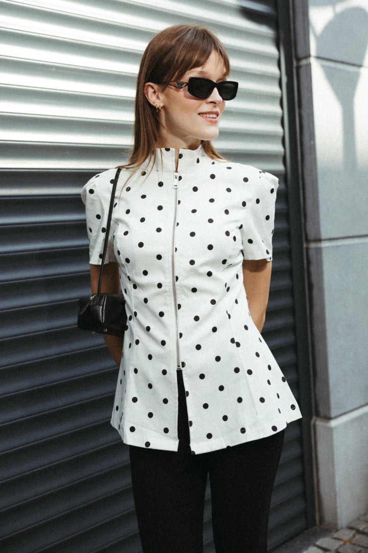 Polka Dot Tailored Zip Blouse