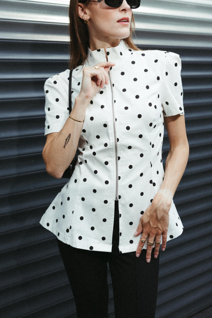 Polka Dot Tailored Zip Blouse