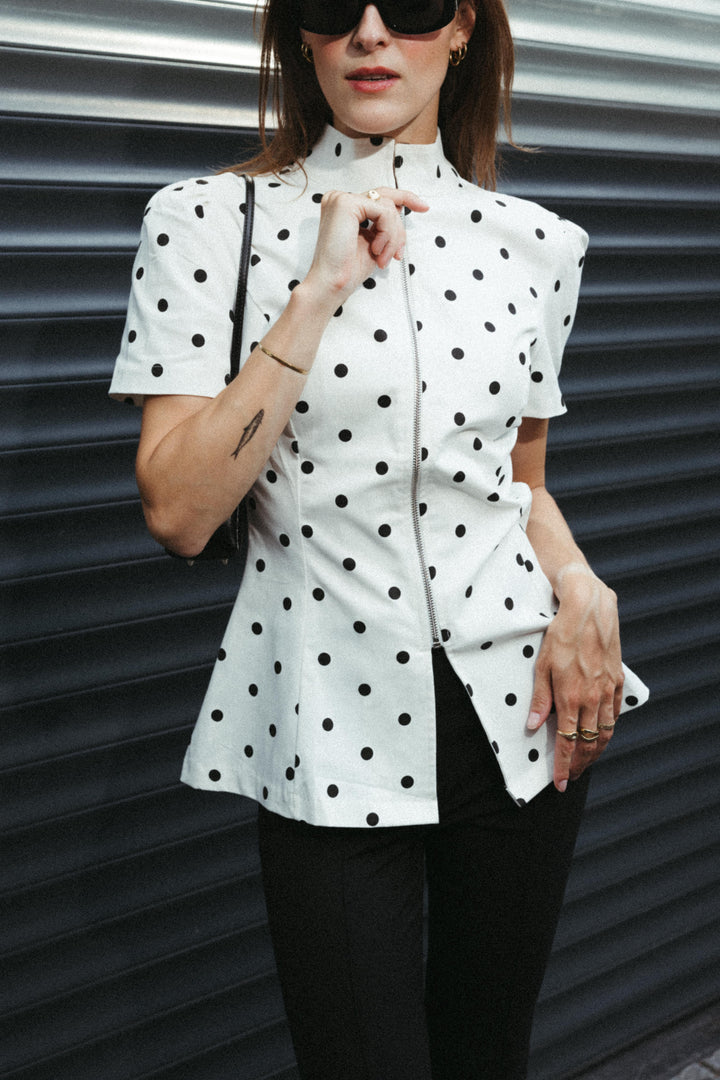 Polka Dot Tailored Zip Blouse