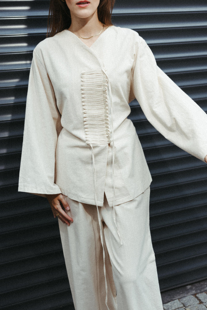 Button Detail Linen-Look Blouse – Ecru