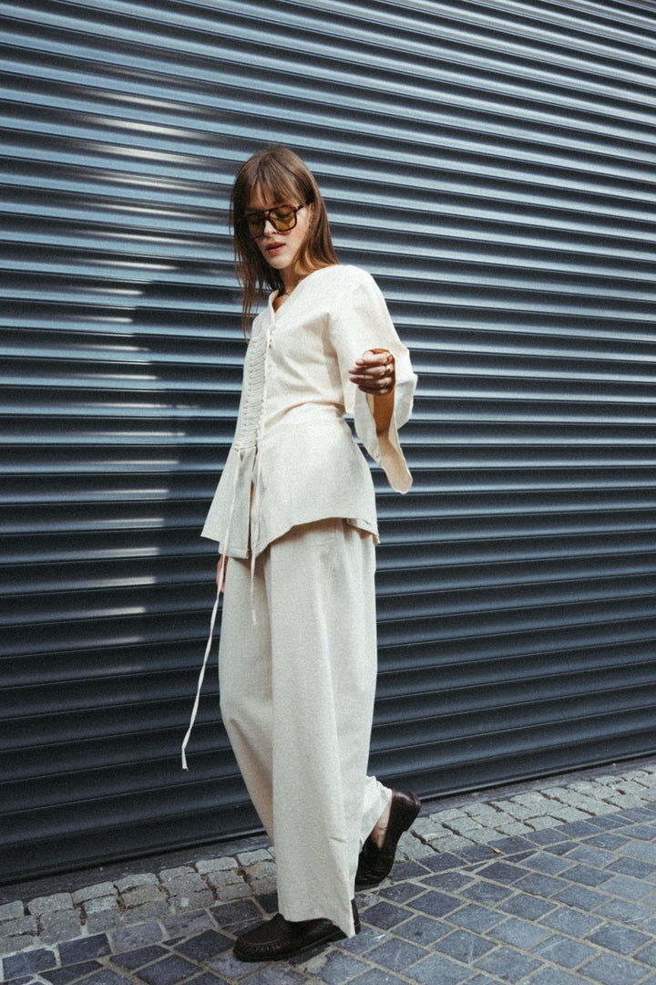 Linen-Look Wide Leg Trousers – Ecru