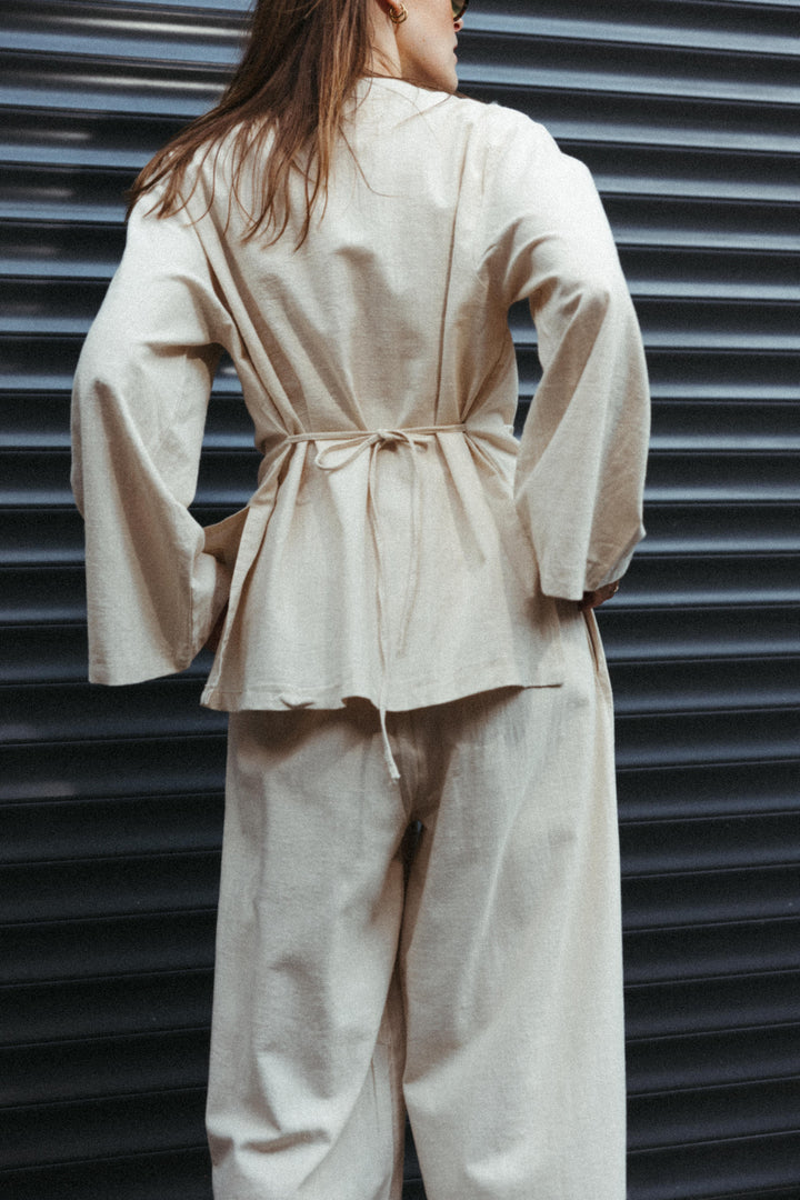 Button Detail Linen-Look Blouse – Ecru