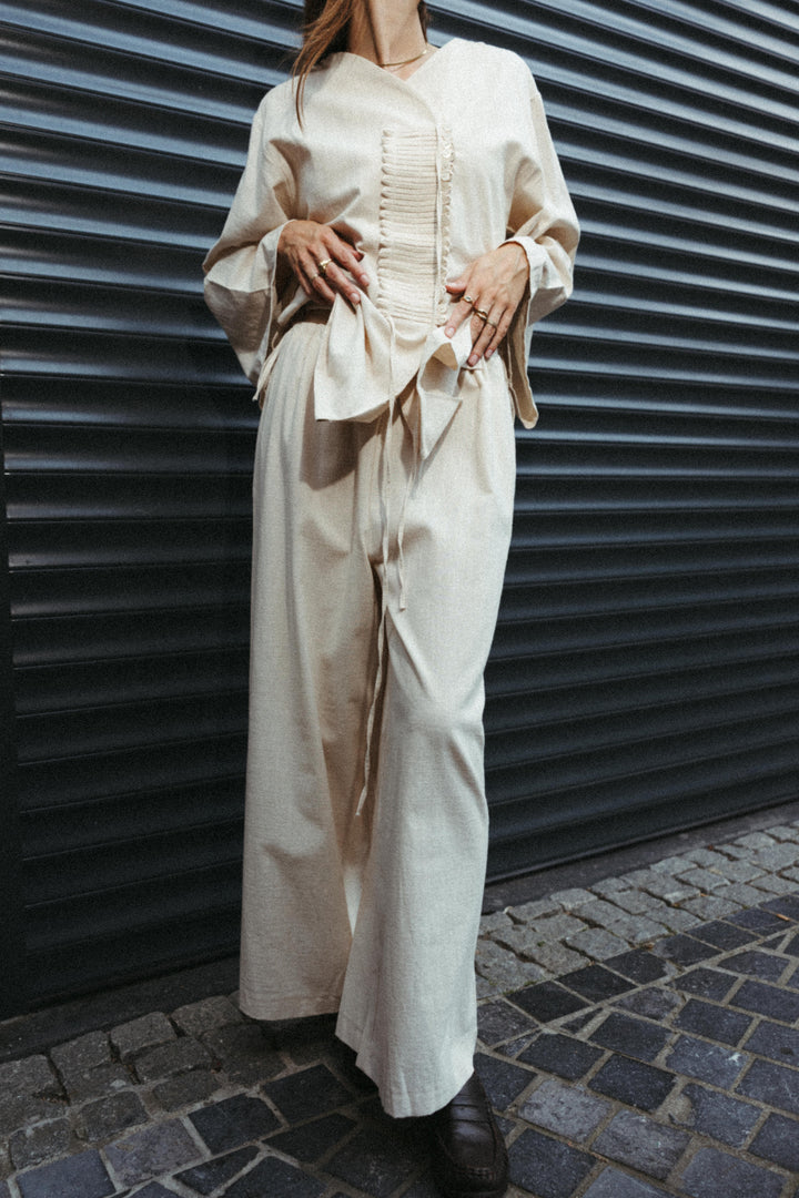 Linen-Look Wide Leg Trousers – Ecru