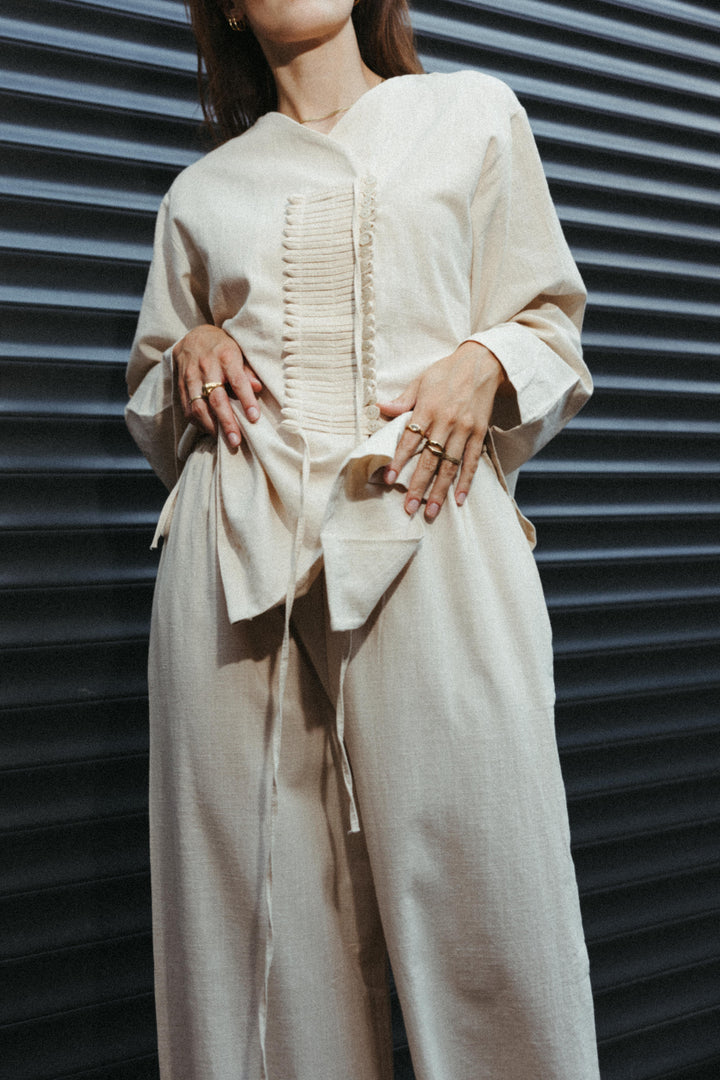 Linen-Look Wide Leg Trousers – Ecru