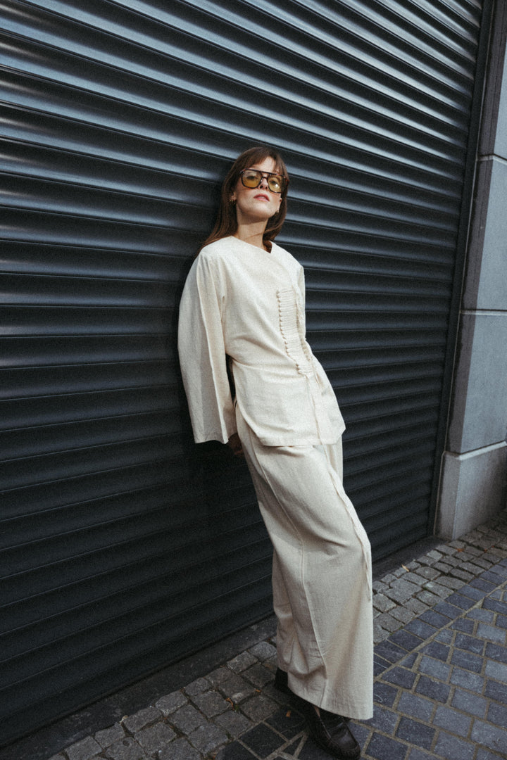 Button Detail Linen-Look Blouse – Ecru