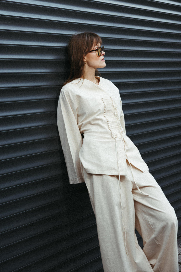 Linen-Look Wide Leg Trousers – Ecru