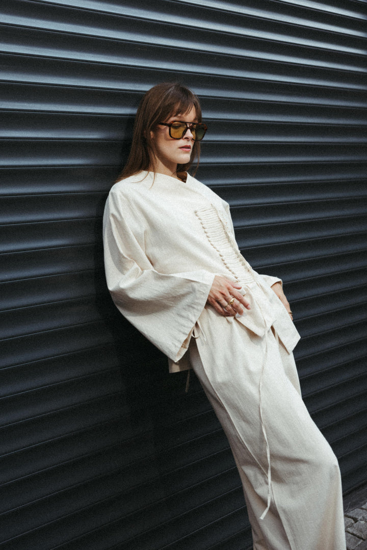 Linen-Look Wide Leg Trousers – Ecru