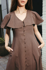Load image into Gallery viewer, Ruffle Sleeve Linen Midi Dress – Brown