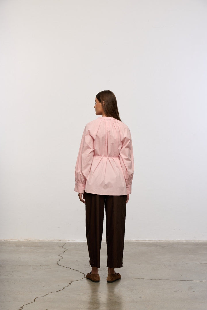 Tie Neck Cotton Blouse – Pink