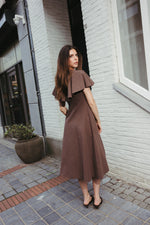 Load image into Gallery viewer, Ruffle Sleeve Linen Midi Dress – Brown